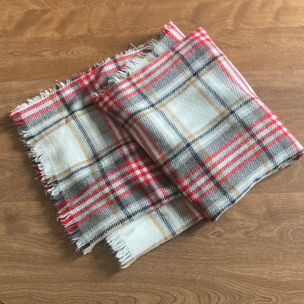 Plaid Fringe Scarf- Red, Gray & Cream